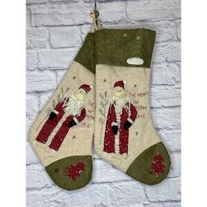 "The Heart of Christmas Love" Embroidered Pair Vintage Santa Stockings 17" Long